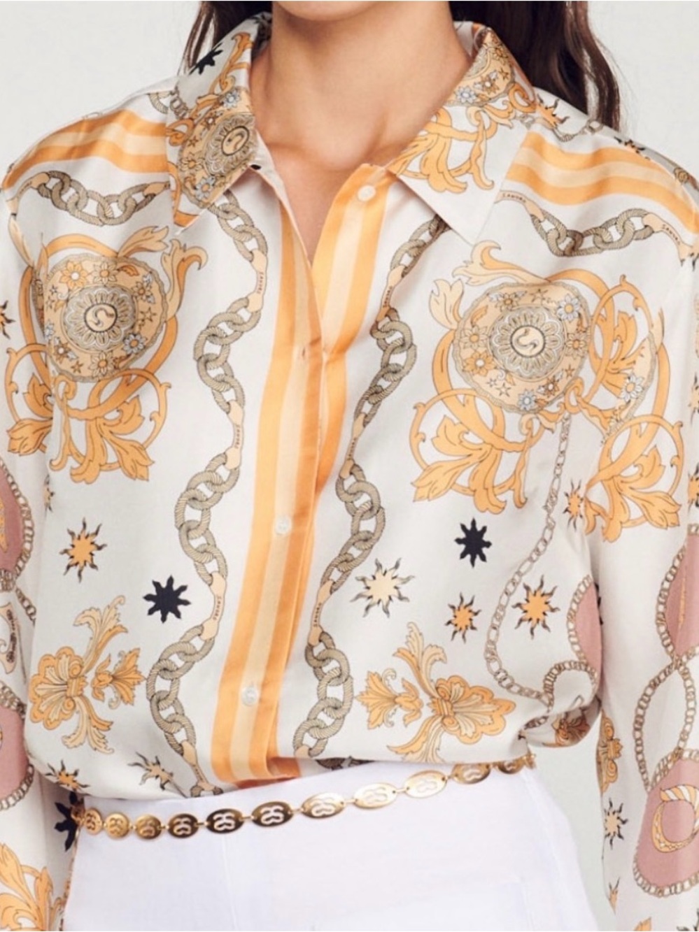 Sandro Women's White and Yellow Chain-Print silk Button-Up Shirt
